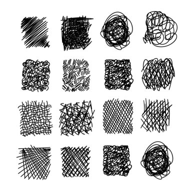Elle çizilmiş karalama semboller üzerinde beyaz izole kümesi. Doodle stil skeçler. Gölgeli ve taranmış rozetleri ve kabarcık şekiller. Tek renkli vektör eps8 tasarım öğeleri