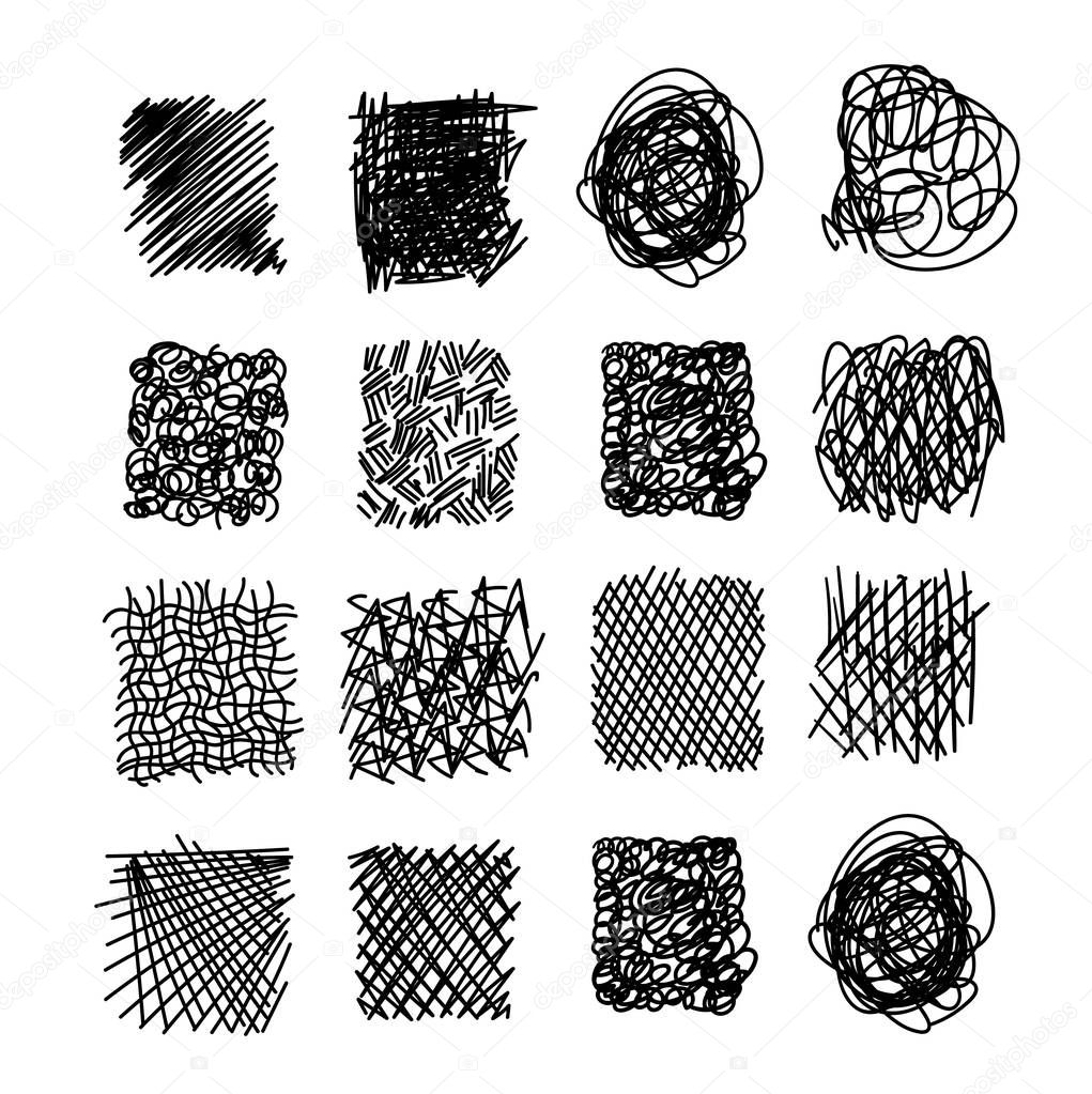 Set of hand drawn scribble symbols isolated on white. Doodle style sketches. Shaded and hatched badges and bubble shapes. Monochrome vector eps8 design elements