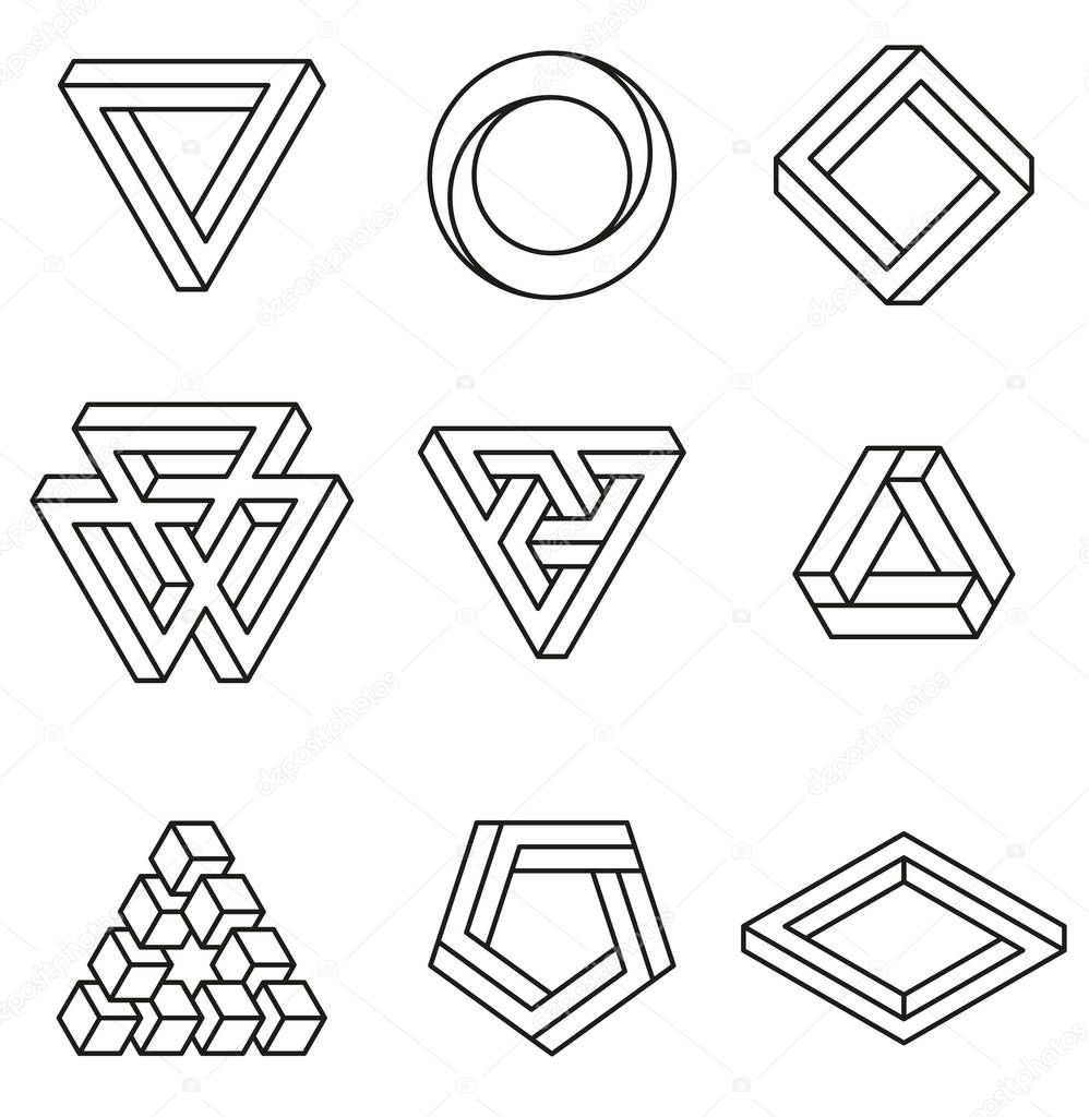 Set of impossible shapes. Optical Illusion. Vector Illustration isolated on white. Sacred geometry. White lines on a black background