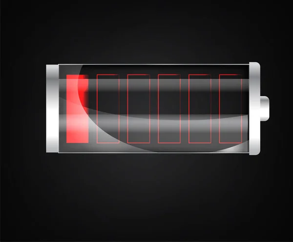 Låg batterinivå. Statusindikator för batteriladdning. Glas realistiska power batteri illustration på svart bakgrund. Full laddning djupurladdning. Laddningsstatus. Vektor — Stock vektor