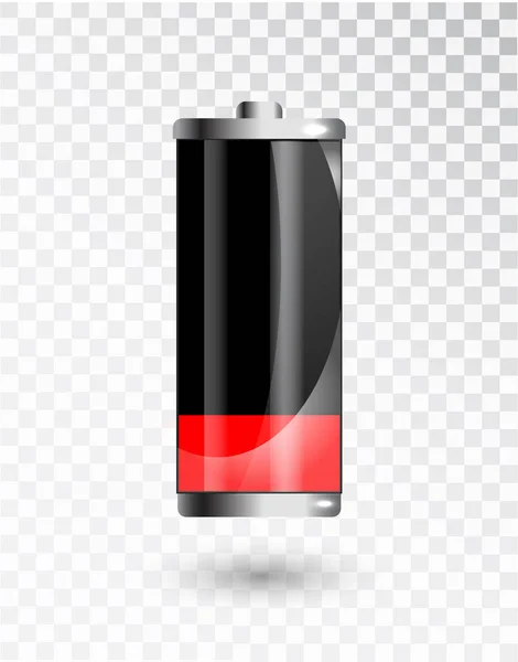 Batterie faible. Indicateur d'état de charge de batterie. Illustration réaliste de batterie de puissance en verre sur fond transparent. Charge totale décharge totale. Statut de charge. Vecteur — Image vectorielle