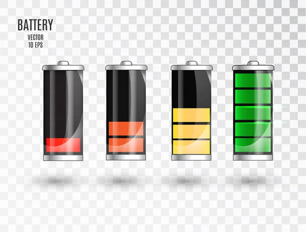 Laddning av batteriet. Statusindikator för batteriladdning. Glas realistiska power batteri illustration på transparent bakgrund. Full laddning djupurladdning. Laddningsstatus. Vektor. — Stock vektor