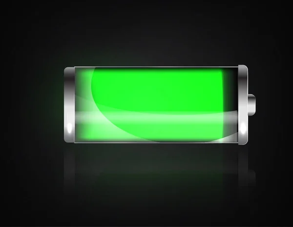 Aufgeladener Akku. voller Akku. Anzeige des Ladezustands der Batterie. Glas realistische Power Green Batterie Illustration auf schwarzem Hintergrund. Volle Ladung Gesamtentladung. Ladestatus. Vektor — Stockvektor