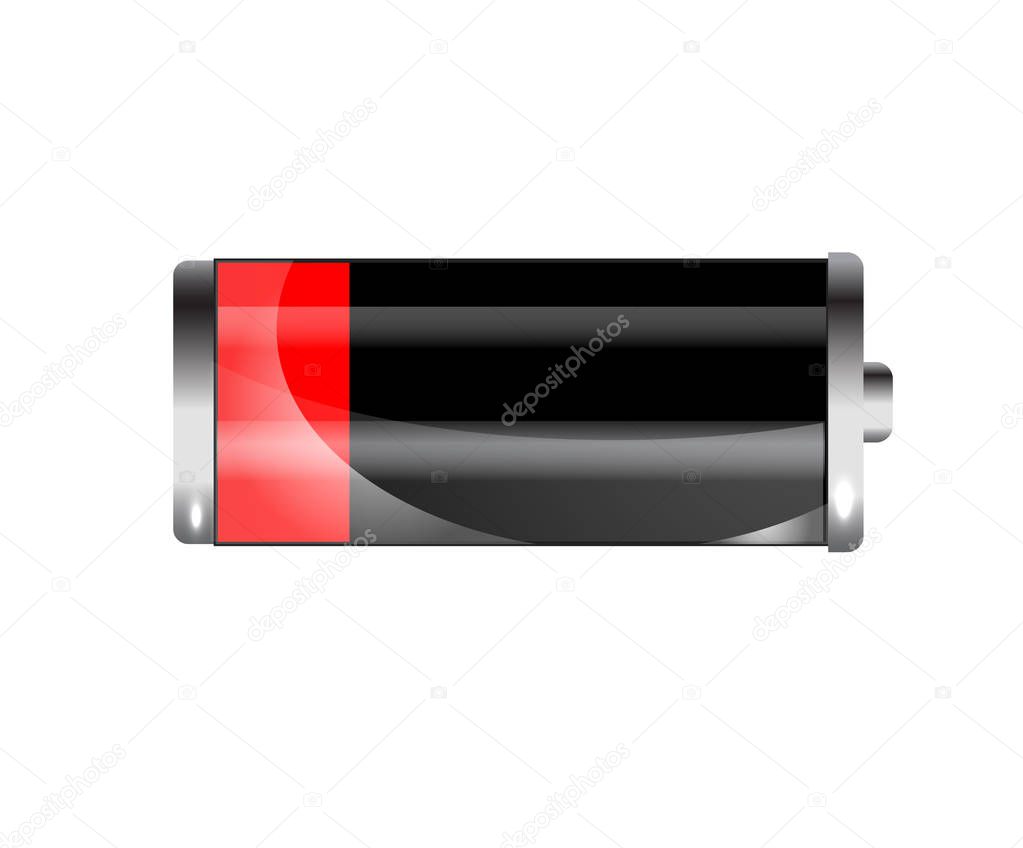 Low battery. Battery charging status indicator. Glass realistic power battery illustration on white background. Full charge total discharge. Charge status. Vector