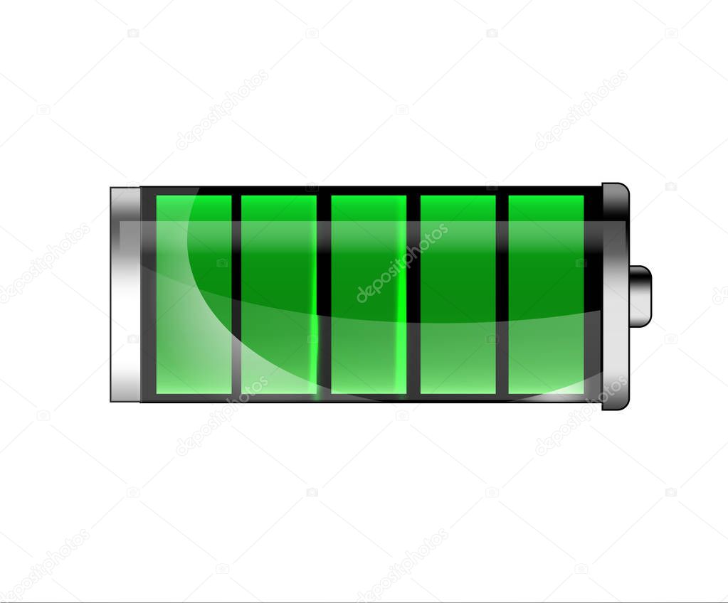 Charged battery. Full charge battery. Battery charging status indicator. Glass realistic power green battery illustration on white background. Full charge total discharge. Charge status. Vector
