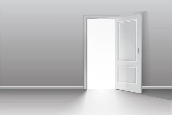 Offene Tür in einem weißen Raum mit ausgehendem Licht. chromatisches Bild. Vektorhintergrund. — Stockvektor