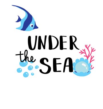 Deniz altında. Yaz teklif. Tatil tebrik kartları için el yazısı. Elle çizilmiş şekil. Yazı el yazısı. El yazı çekilmiş. Yaz kartı tasarım öğeleri. 10 eps vektör.