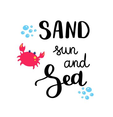 Kum güneş ve deniz. Yaz teklif. Tatil tebrik kartları için el yazısı. Elle çizilmiş şekil. Yazı el yazısı. El yazı çekilmiş. Yaz kartı tasarım öğeleri. 10 eps vektör.