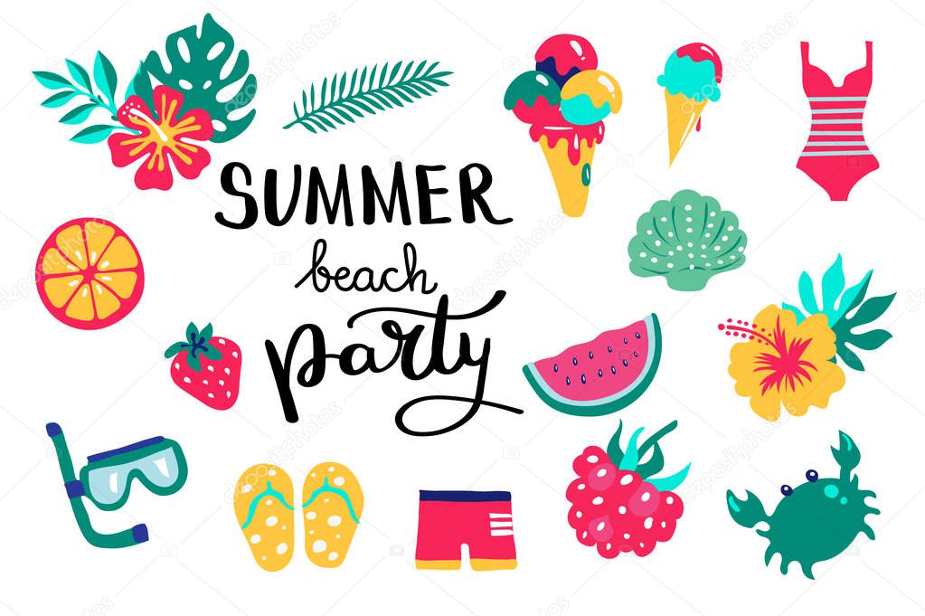 Summer beach party lettering. Set hand drawn icons, signs and banners. Bright summertime poster. Collection Summer hand drawn elements for summer holiday and party. Vector illustration