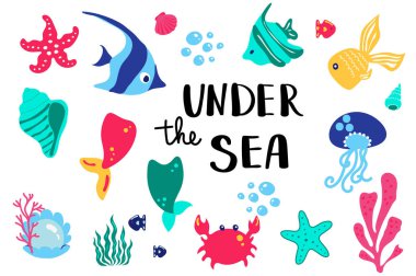 Yazı yaz. Elle çizilmiş simgeler, işaretler ve afiş ayarlayın. Parlak yaz poster. Yaz tatili ve parti için öğeleri koleksiyonu yaz el çekilmiş. Yaz tipografik. Vektör çizim