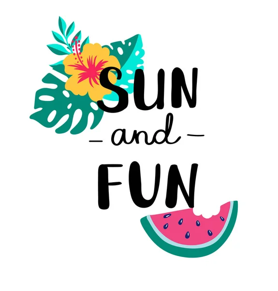 Sun and fun. Summer quote. Handwritten for holiday greeting cards. Hand drawn illustration. Handwritten lettering. Hand Drawn lettering. Summer card design elements. Vector 10 eps. — Stock Vector