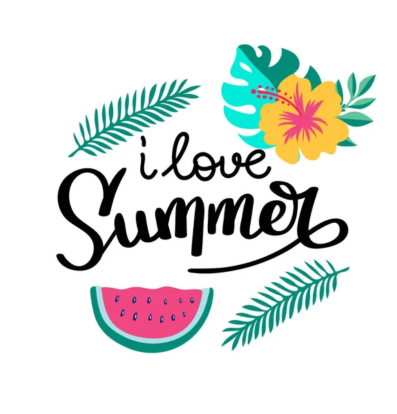 여름을 사랑 해요. 여름 견적입니다. 휴일 인사말 카드에 대 한 손으로. 손으로 그린 그림입니다. 글자를 손으로. 손으로 그려 글자. 여름 카드 디자인 요소입니다. 10 eps 벡터. — 스톡 벡터