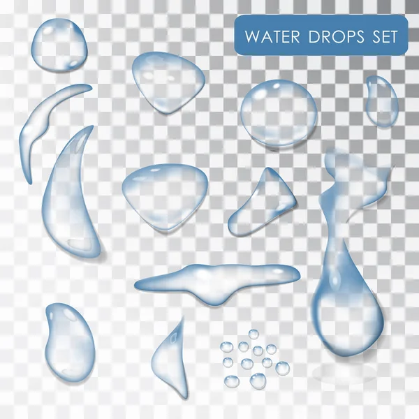 Set of water drops. Transparent individual droplets of water. Vector water. Drip of water, the liquid. . Pure water. Wet effect. Isolated objects. 10 eps — Stock Vector