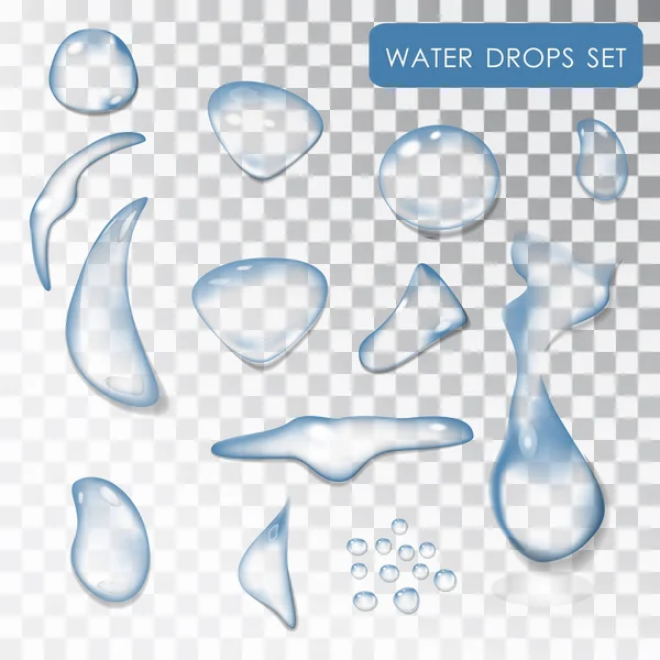 Set van waterdruppels. Transparante individuele druppels van water. Vector water. Infuus van water, de vloeistof. . Zuiver water. Natte effect. Geïsoleerde objecten. 10 eps — Stockvector