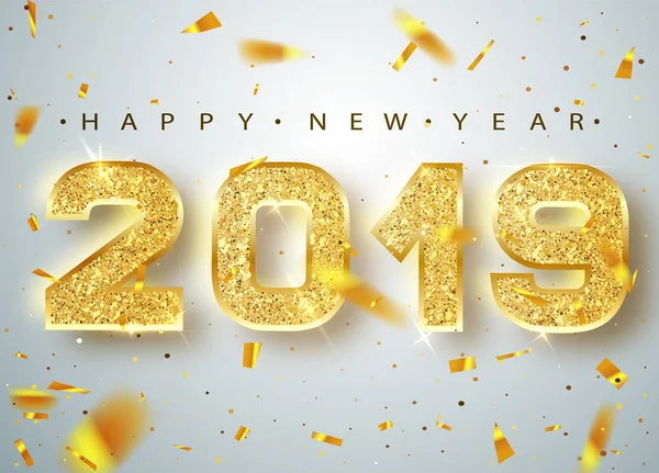 2019 mutlu yeni yıl. Tebrik kartı parlak konfeti düşen altın numaraları tasarımı. Altın parlayan desen. Happy New Year Banner parlak zemin üzerine 2018 sayılarla. Vektör çizim — Stok Vektör
