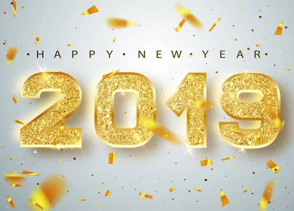 2019 Felice anno nuovo. Numeri d'Oro Disegno di biglietto di auguri di Caduta di Confetti Brillanti. Gold Shining Pattern. Felice anno nuovo banner con 2018 numeri su sfondo luminoso. Illustrazione vettoriale — Vettoriale Stock