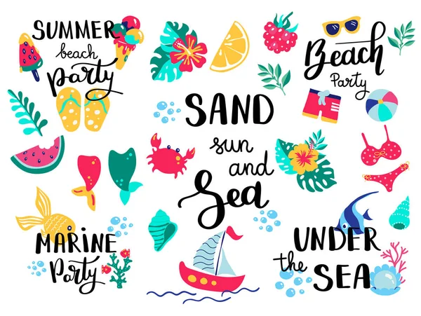 Letras de verano. Establecer iconos, carteles y pancartas dibujados a mano. Cartel luminoso de verano. Colección Elementos dibujados a mano de verano para vacaciones de verano y fiesta. Tipografía de verano. Ilustración vectorial — Vector de stock