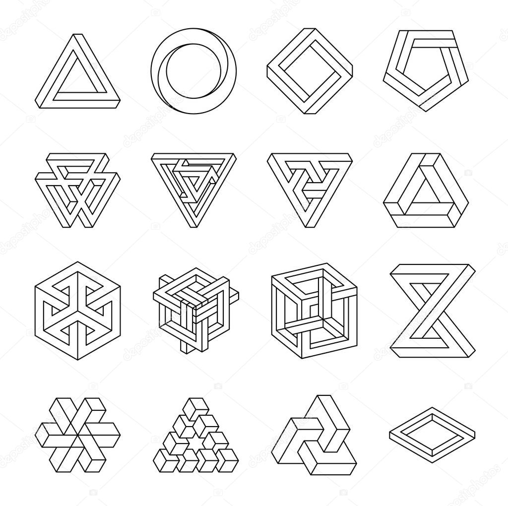 Set of impossible shapes. Optical Illusion. Vector Illustration isolated on white. Sacred geometry. Black lines on a white background.