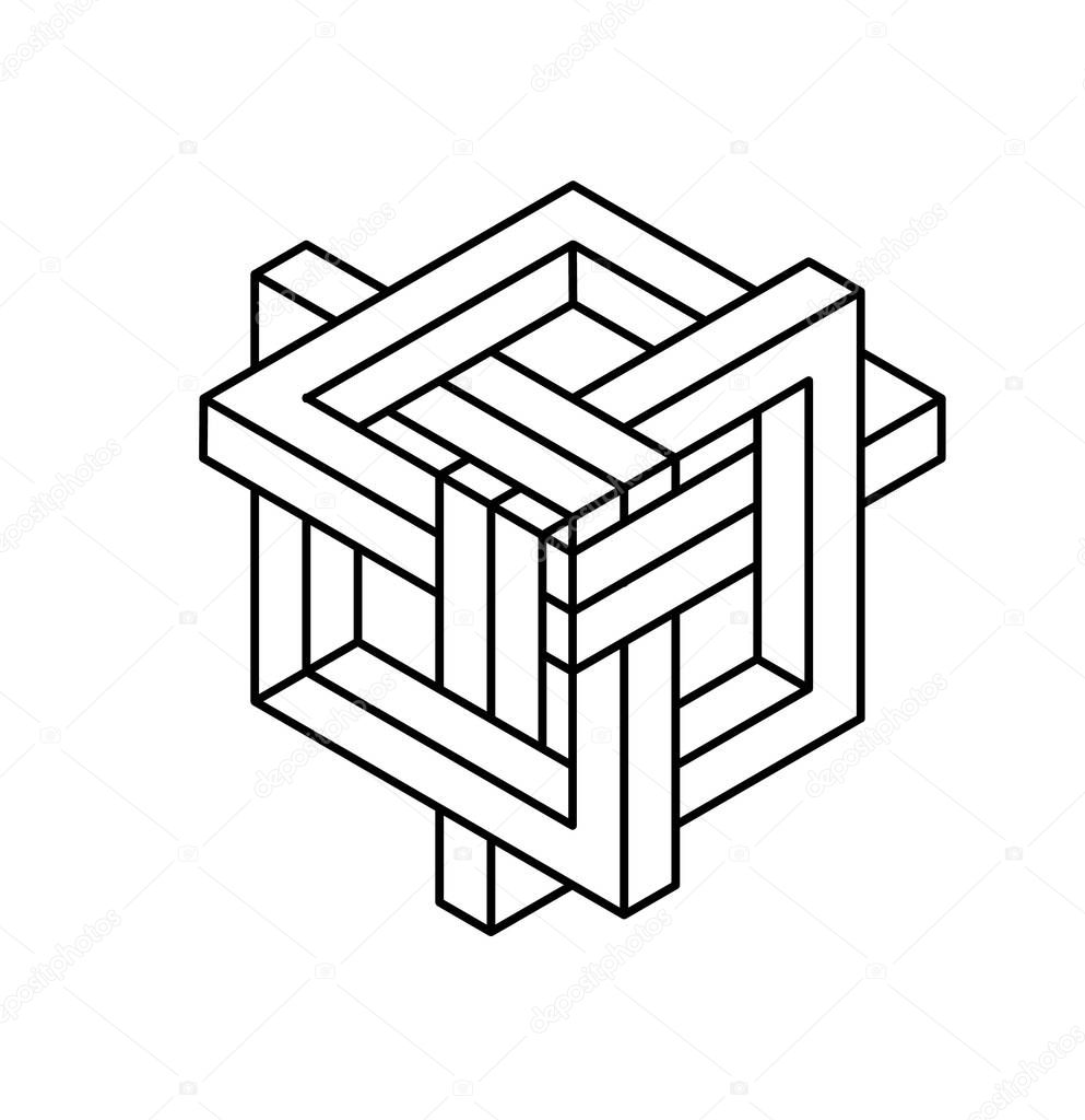 Impossible shapes. Optical Illusion. Vector Illustration isolated on white. Sacred geometry. Black lines on a white background.