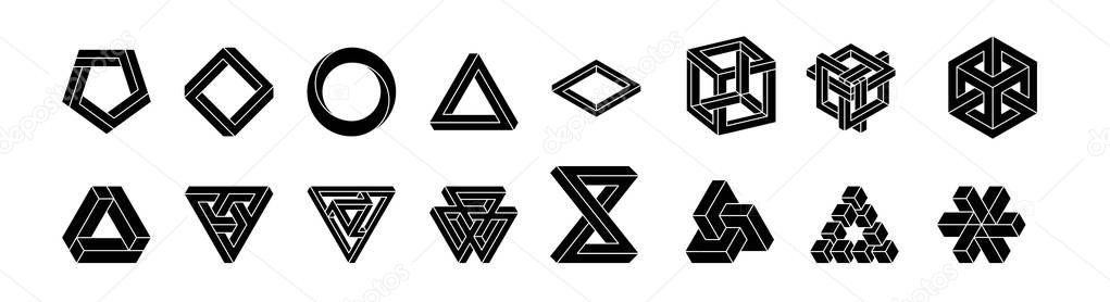 Set of impossible shapes. Optical Illusion. Vector Illustration isolated on white. Sacred geometry. White shapes on a black background