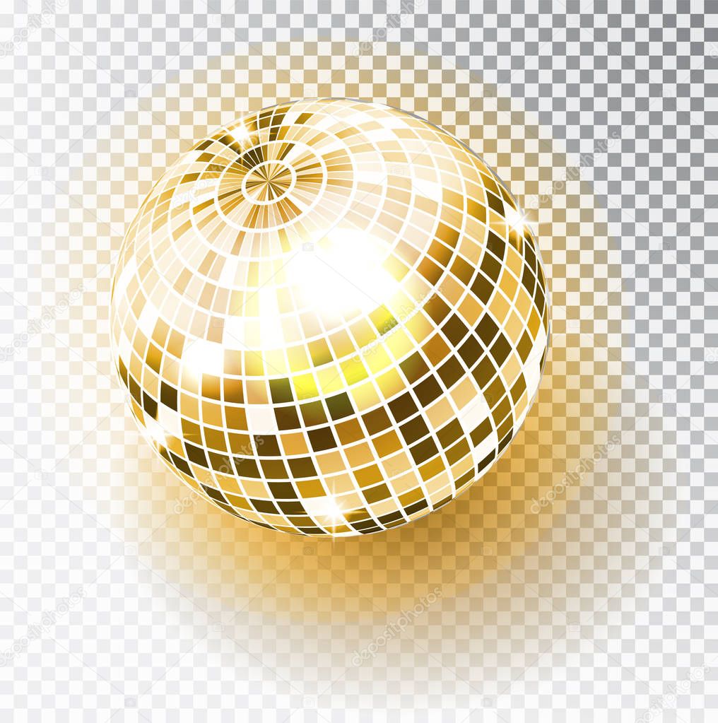 Disco ball isolated illustration. Night Club party light element. Bright mirror golden ball design for disco dance club. Vector.