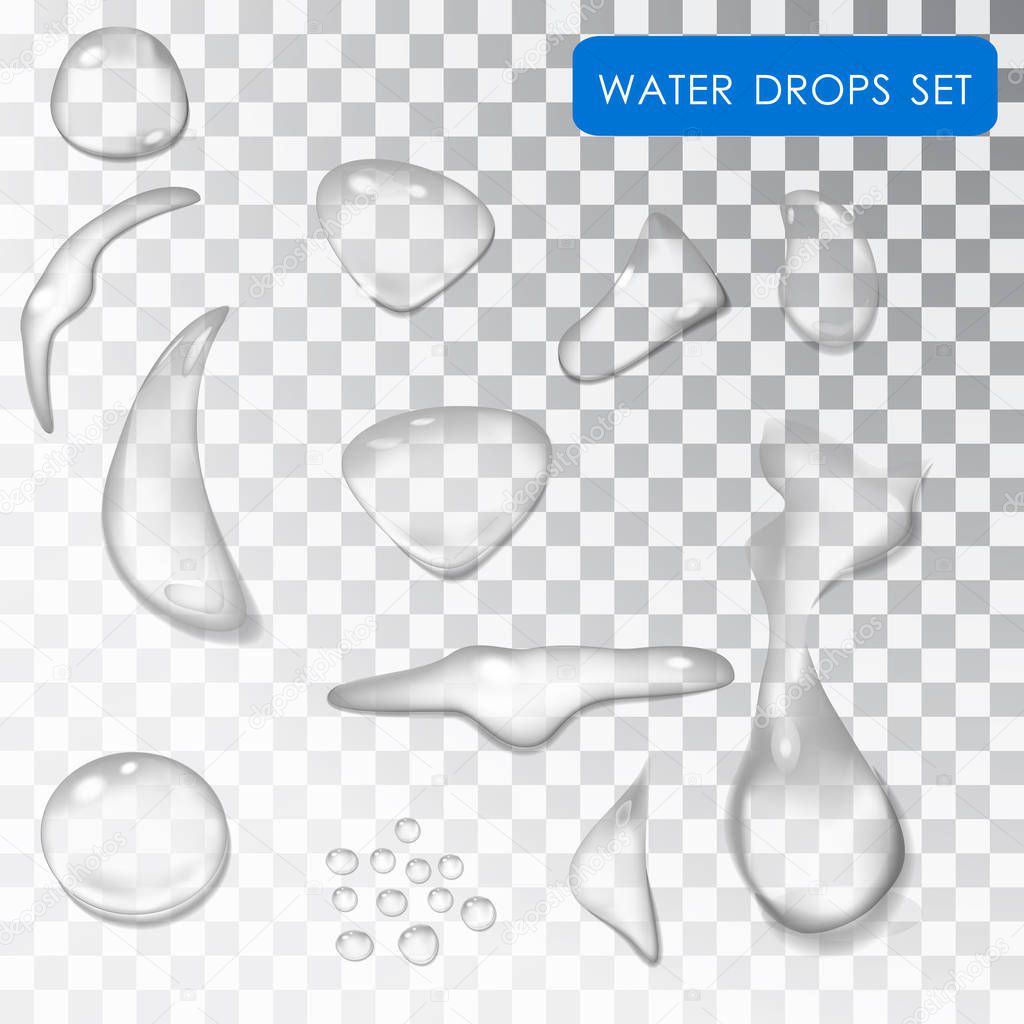 Transparent drop of water. Drip water. Rain. Droplets of dew on a transparent background isolated.