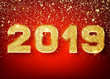 2019 mutlu yeni yıl. Tebrik kartı düşen parlak konfeti altın numaraları tasarımı. Altın parlayan desen. Mutlu yeni yıl afiş 2019 numaraları kırmızı parlak arka plan ile. 10 Eps vektör