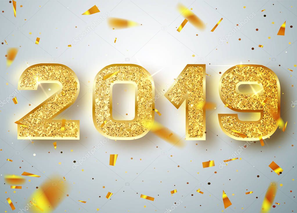 2019 Happy new year. Gold Numbers Design of greeting card of Falling Shiny Confetti. Gold Shining Pattern. Happy New Year Banner with 2019 Numbers on Bright Background. Vector illustration.