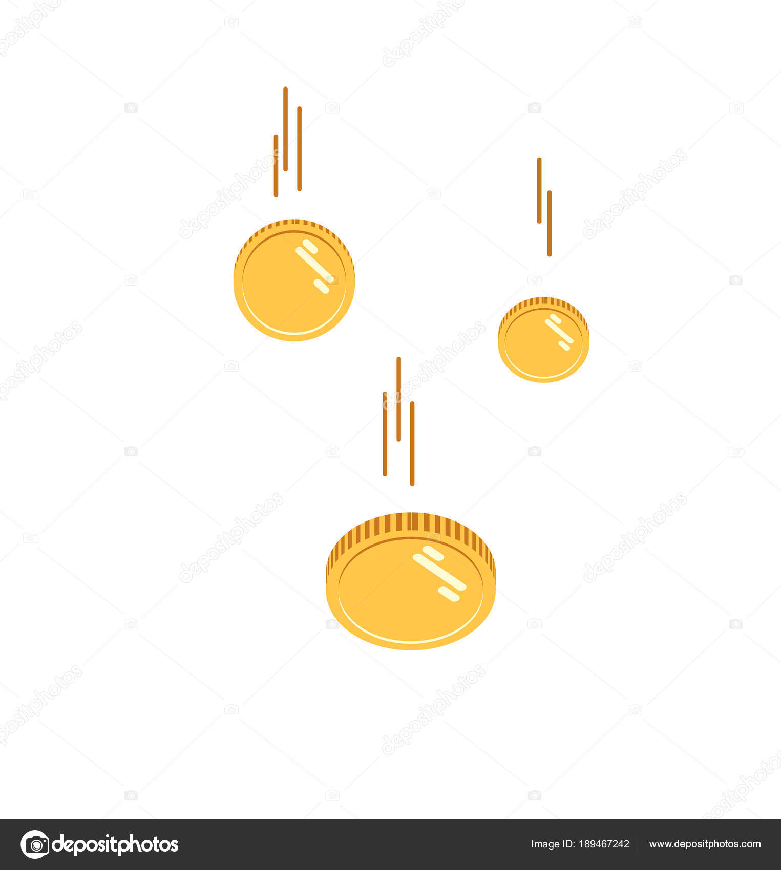벡터 일러스트 레이 션을 떨어지는 동전. 떨어지는 돈을. 평면 스타일 골드 비행 흰색 바탕에 황금 비 개념 현대 평면 만화 디자인을  포기 하는 절연, 추상 동전 동전. 디지털 통화. 스톡 벡터 - ©, image size:1525x1700