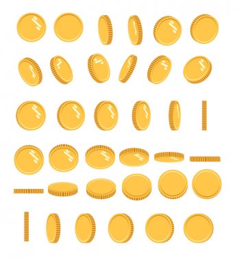 Sikke vektör sprite farklı tahminler rotasyon için ayarlayın. İzole altın sikke ayarlayın. Taşınabilir, masaüstü ve web uygulamaları ve oyunlar için. Dijital para.