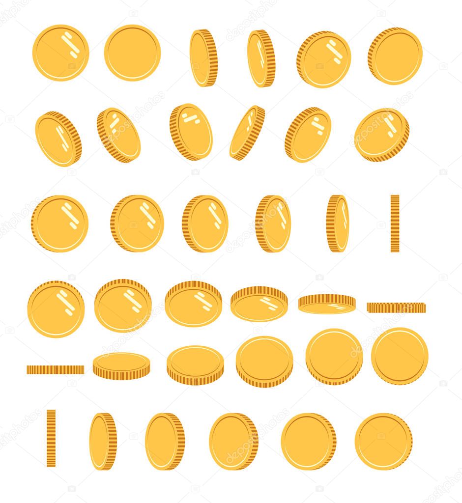 Coins set of vector sprites for rotation in different projections. Isolated gold coin set. For mobile, desktop and web applications and games. Digital currency.