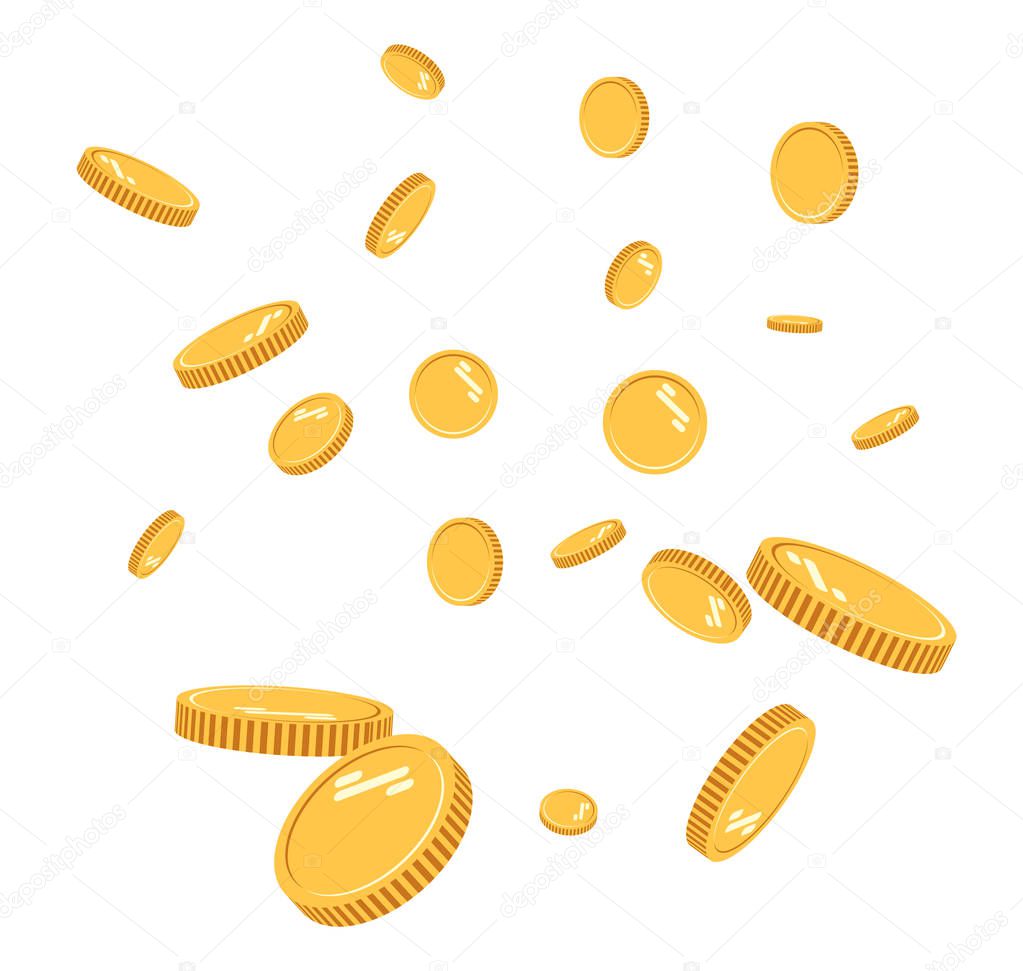 Gold coins explosion flat vector. Gold coins Pattern with the effect floating in the air in a cartoon style for designers . Successful financial planning, profitable small businesses. Digital currency