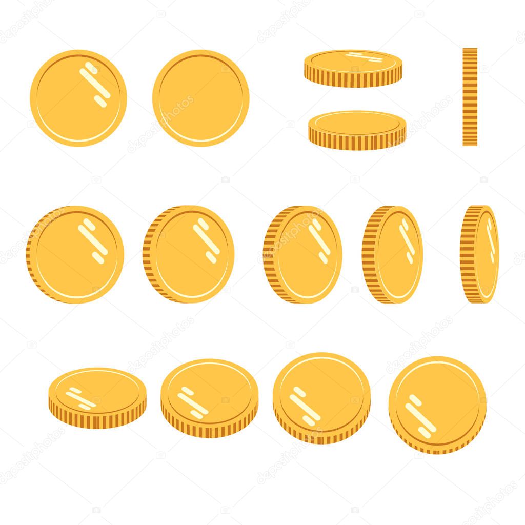 Coins set of vector sprites for rotation in different projections. Isolated gold coin set. For mobile, desktop and web applications and games. Digital currency.