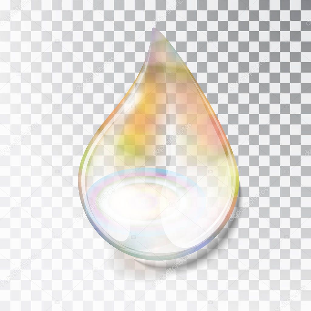 Rainbow dew drop. A drop of oil. Transparent drop of overflow in the sun. Izoltrovannaya drop on a transparent background. Blocs of the sun in the water. Vector illustration.