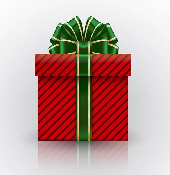 Rote Geschenkschachtel mit großer grüner Schleife. realistisches Vektorobjekt isoliert auf weißem Hintergrund. Elemente der Weihnachtsdekoration. grüne Schleife mit goldenem Streifen — Stockvektor