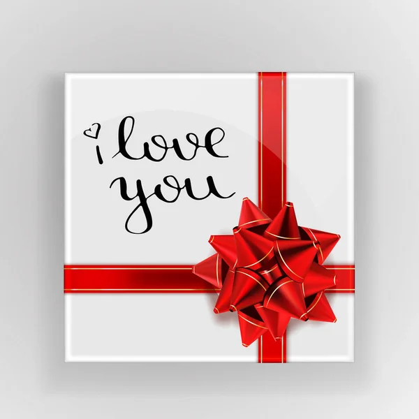 Ich liebe dich. Glückwunschkarte zum Valentinstag. realistische Geschenkbox mit großer roter Schleife von oben vor festlichem Hintergrund. Vektorillustration — Stockvektor