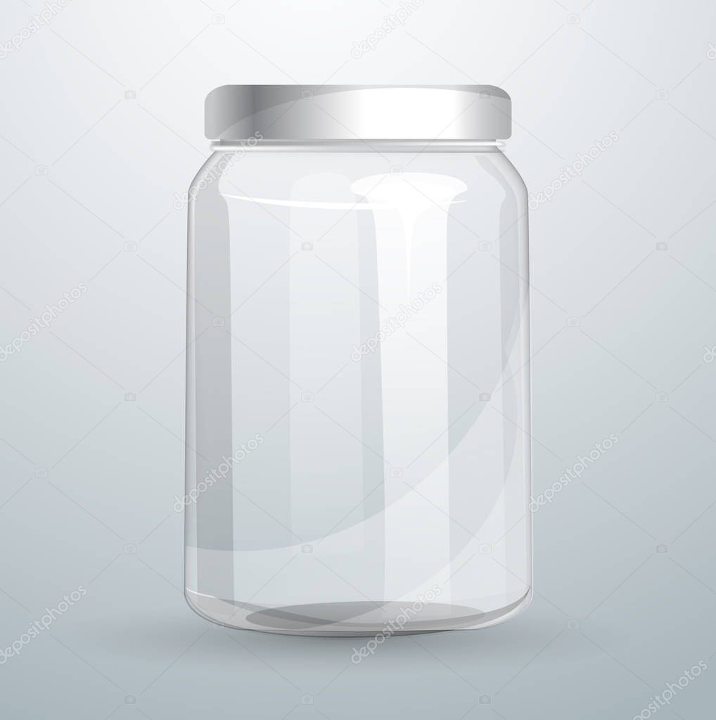 Transparent glass jar. Empty cans of glass to jam. Bank for vitamin drink. Bank with gray lid. Isolated on white background. Vector 10.