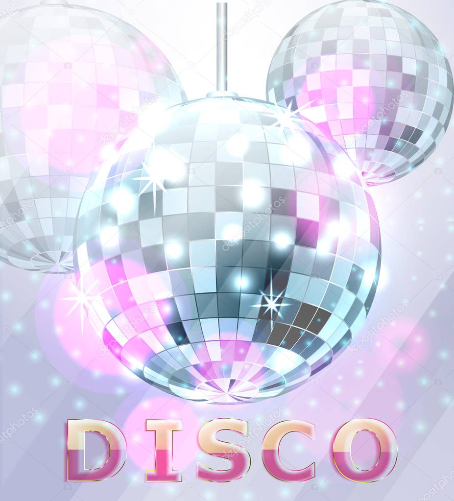 Poster with blue mirror disco ball. Disco background. Vector illustration