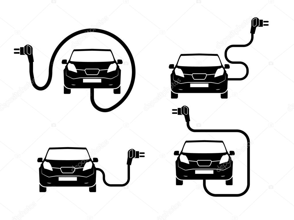 Charging station electric car black icons set.. Electric car charging icon isolated. Electric Vehicle electric car charging point icon vector. Renewable eco technologies. Vector illustration.