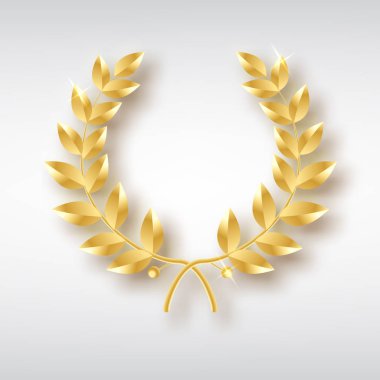 Ödülü laurel. Zafer ve başarı sembolü. Tasarım öğesi madalya, ödül, silah veya yıldönümü logo dekorasyon için. Altın defne çelengi. Gerçekçi vektör nesnesi izole