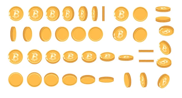 Bitcoin guld mynt i olika vinklar för animering. Vector Bitcoin inställd. Finansiera pengar valuta bitcoin illustration. Digital valuta. Vektor symbol. — Stock vektor