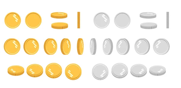 Desenhos animados planos moedas de ouro e prata, conjunto de ícones em diferentes ângulos de animação. Ilustração vetorial moderna —  Vetores de Stock