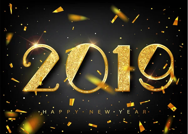 2019 arany új év jel arany csillogó fekete háttér. Vektor újév illusztráció. Boldog új évet Banner 2019 számok a világos háttér. — Stock Vector