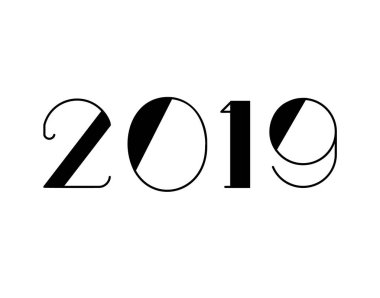 2019 mutlu yeni yıl metin tasarım vektör çizim. Beyaz arka plan üzerinde 2019 sayılarla banner. Numaraları minimalist tarzı. Tebrik kartı tasarımı