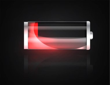 Düşük pil. Pil şarj durumu göstergesi. Cam gerçekçi güç pil resimde siyah arka plan üzerine. Tam şarj toplam deşarj. Şarj durumu. Vektör