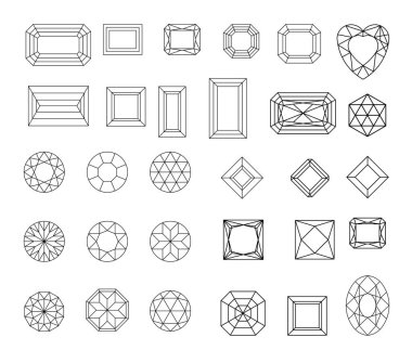 Elmas. Mücevher çizgi çizim vektör kümesi. Kristal formları. Değerli ve sahtekar taşlar geometrik şekiller. Takı anahat dağılımı. Geometri rakamlar. Elmas tasarım öğeleri