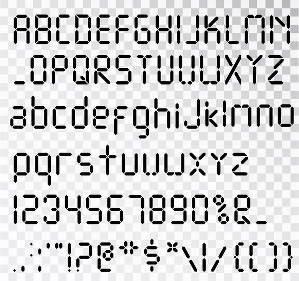 Fonte numérique. Réveil lettres isolées. Chiffres et lettres fixés pour une montre numérique et d'autres appareils électroniques. Alphabet vectoriel isolé — Image vectorielle