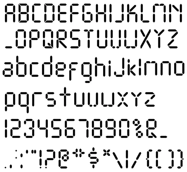 Digitale Schrift. Weckerbriefe. Zahlen und Buchstaben für eine Digitaluhr und andere elektronische Geräte. Vektoralphabet isoliert — Stockvektor