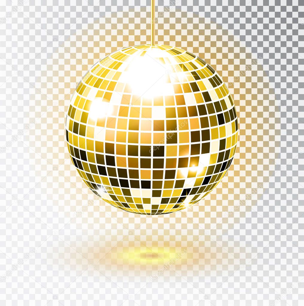 Golden disco ball. Vector illustration. Isolated. Night Club party light element. Bright mirror silver ball design for disco dance club. Vector.
