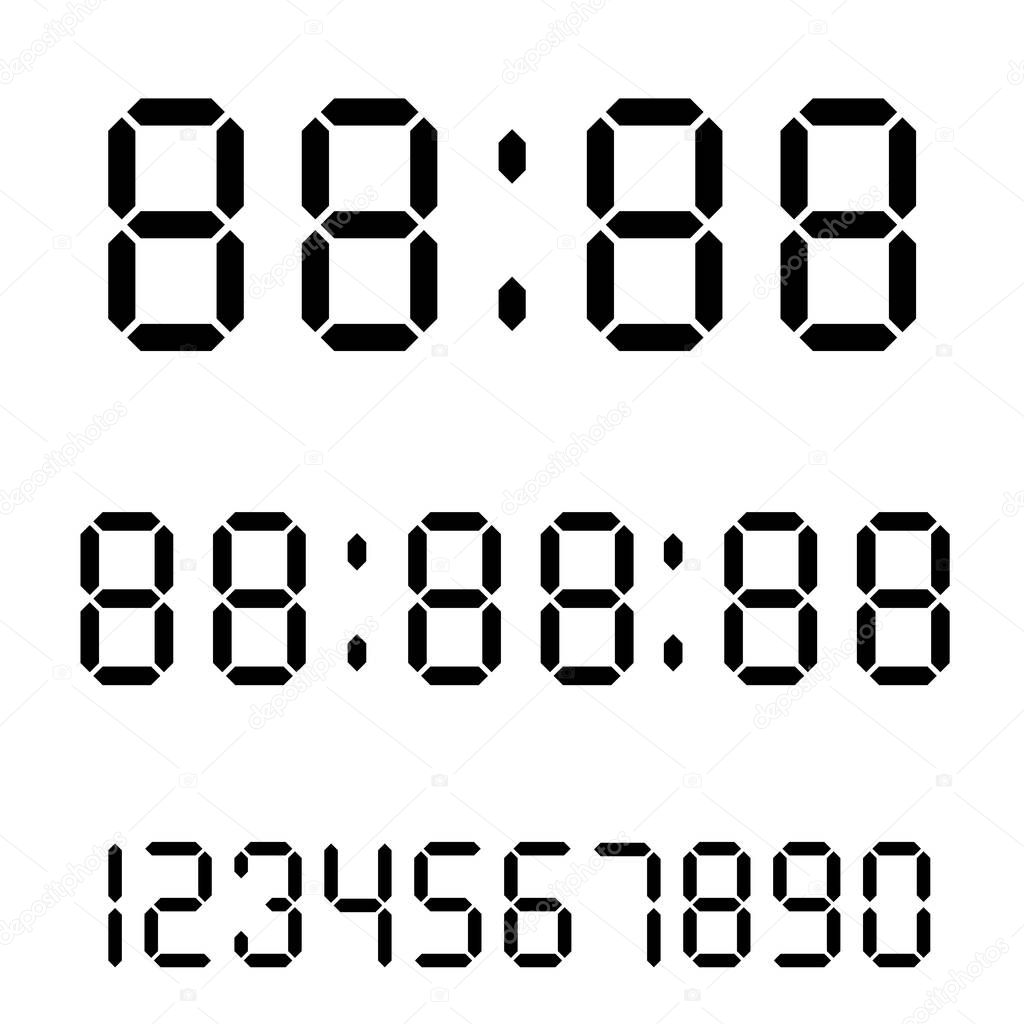 Digital clock. Calculator digital numbers. Alarm clock letters. Numbers set for a digital watch and other electronic devices. Vector 10 EPS